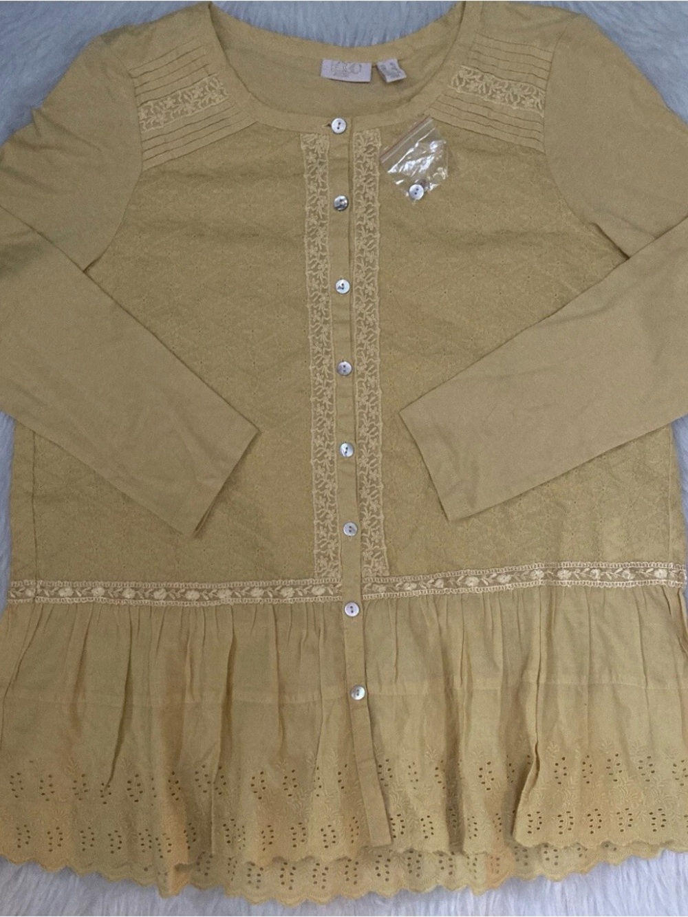 LOGO by Lori Goldstein Mustard Lace-Trim Button Front Top